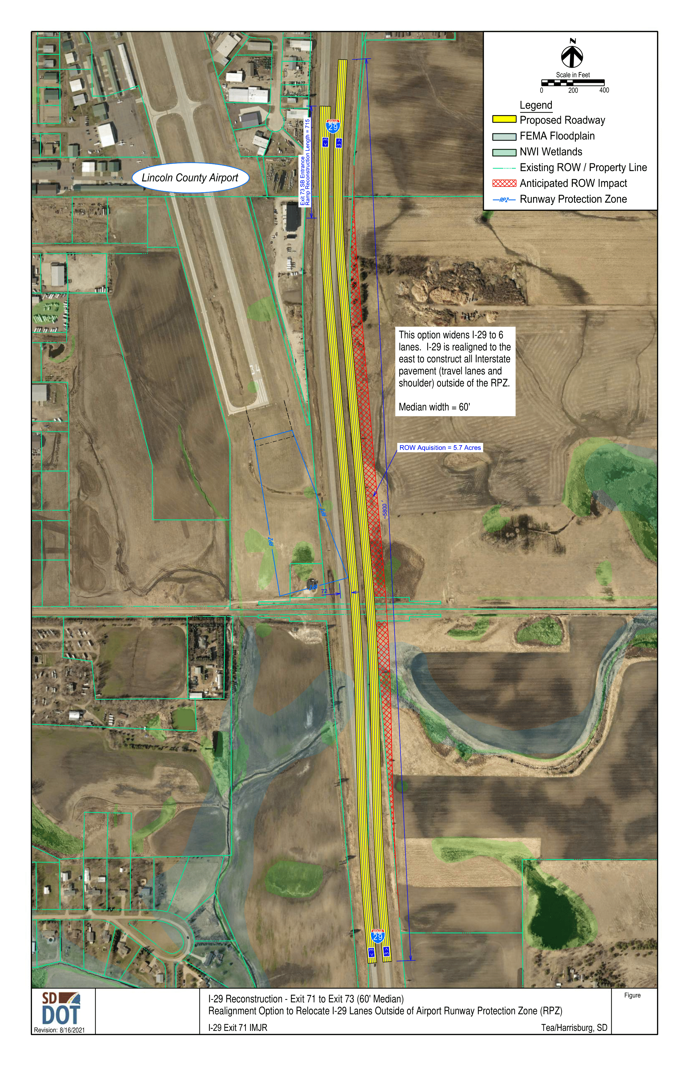 Image dipects relocating I-29 lanes Outside of Airport Runway Protection Zone.